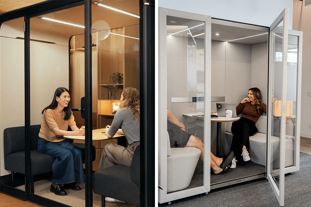 Side-by-side comparison of Framery and Inbox Booths highlighting differences in size, design, and soundproofing features for modern office spaces.